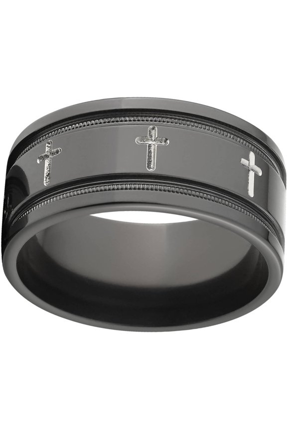 10mm Flat Black Zirconium Ring with Milled Crosses Inside Two Grooves