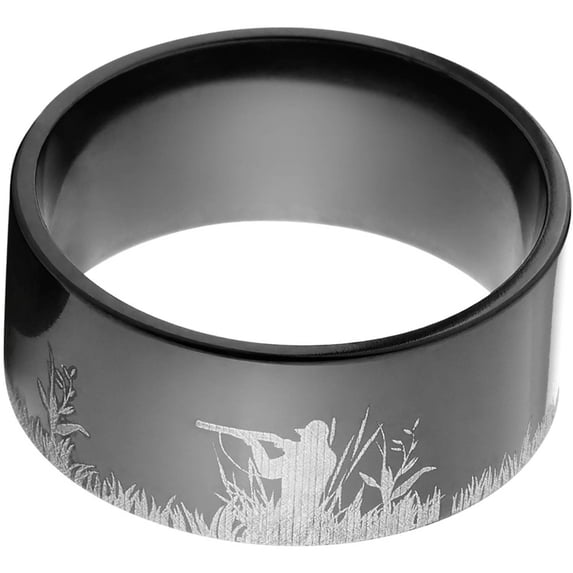 10mm Flat Black Zirconium Ring with a Duck Hunter Picture Lasered Around the Ring