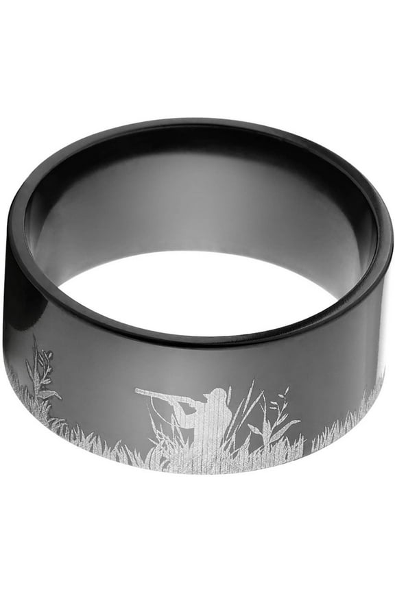 10mm Flat Black Zirconium Ring with a Duck Hunter Picture Lasered Around the Ring