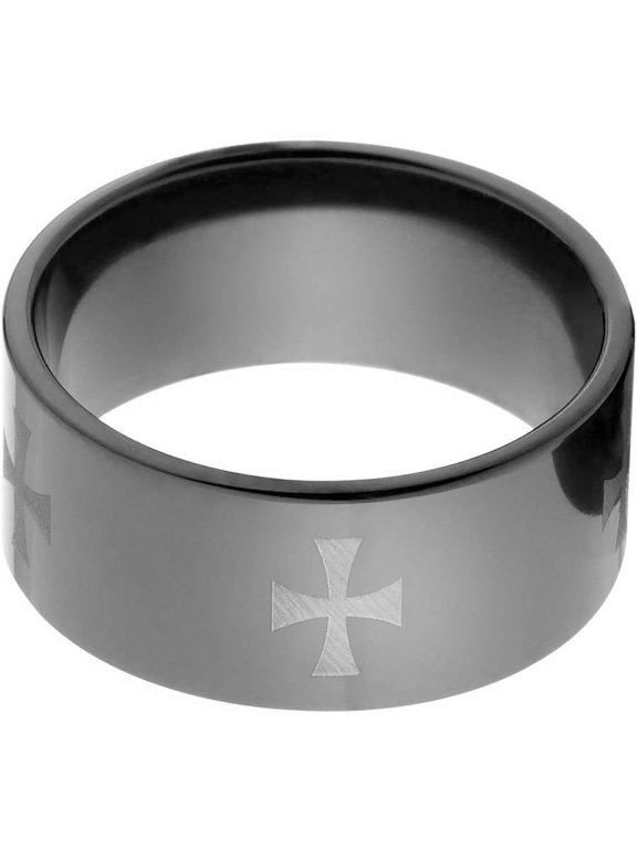 10mm Flat Black Zirconium Ring with a Laser Celtic Cross