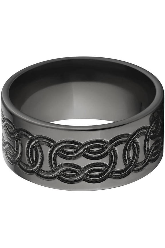 10mm Flat Black Zirconium Ring with a Milled Celtic Design