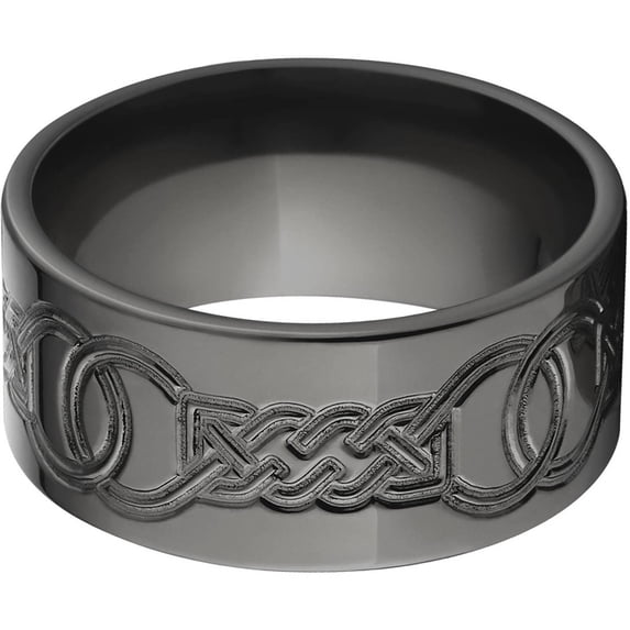 10mm Flat Black Zirconium Ring with a Milled Celtic Design