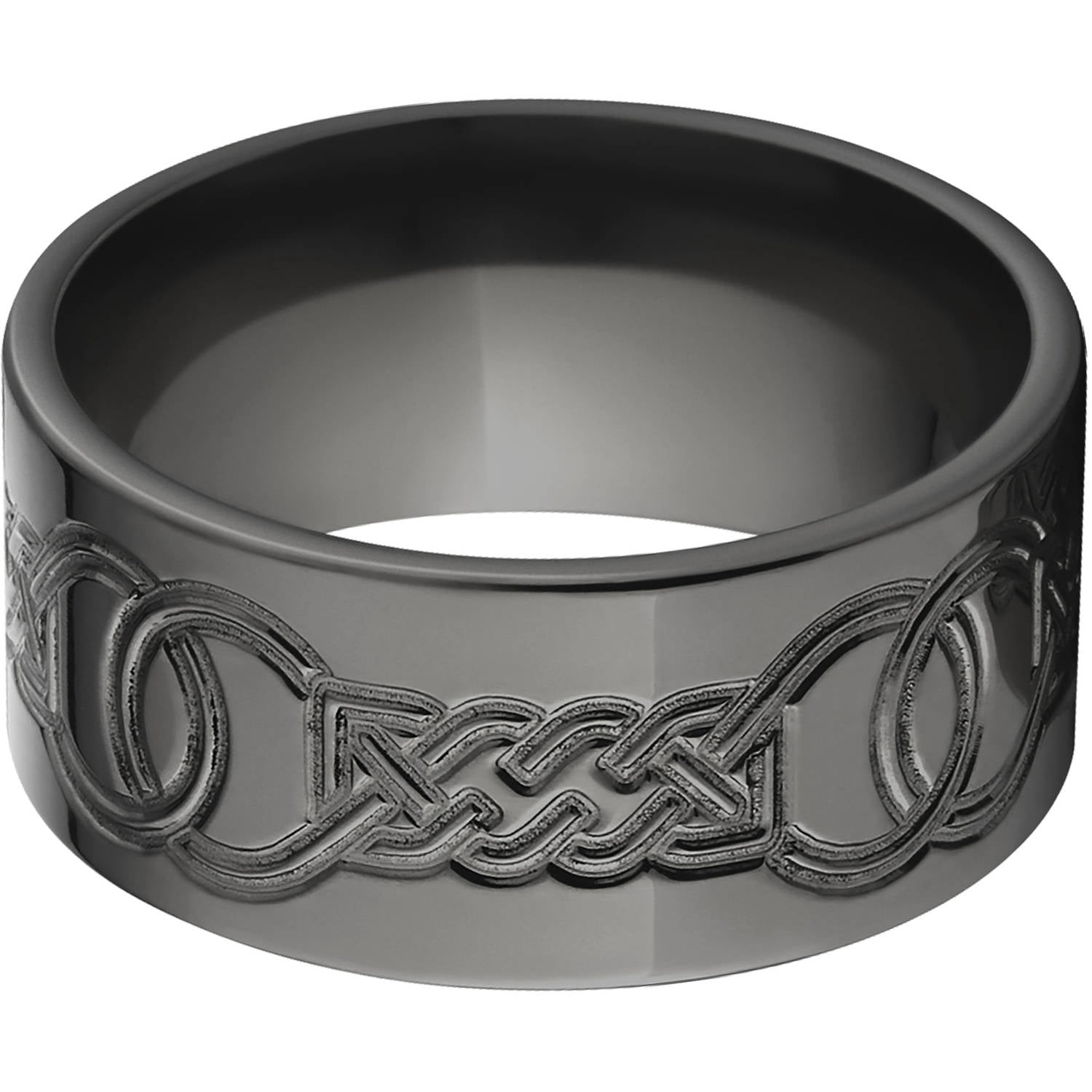 10mm Flat Black Zirconium Ring with a Milled Celtic Design