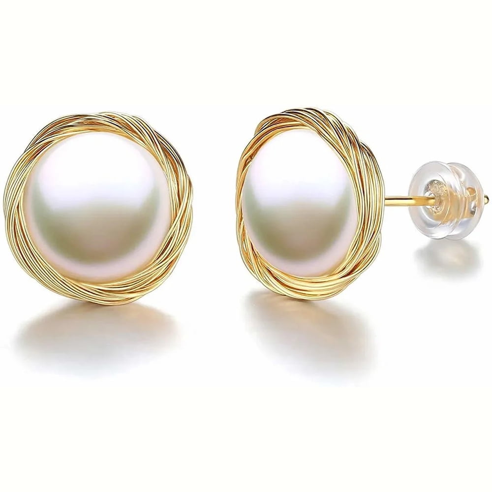 PORTWORLD 10mm Freshwater Cultured Pearl Stud Earrings with Golden Plated Wire Loop, Hypoallergenic 925 Sterling Silver Earrings for Women