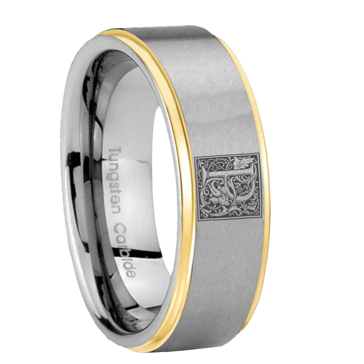 10mm Gold Silver Step Tungsten Floral Box Letter P Monogram Engraved ...