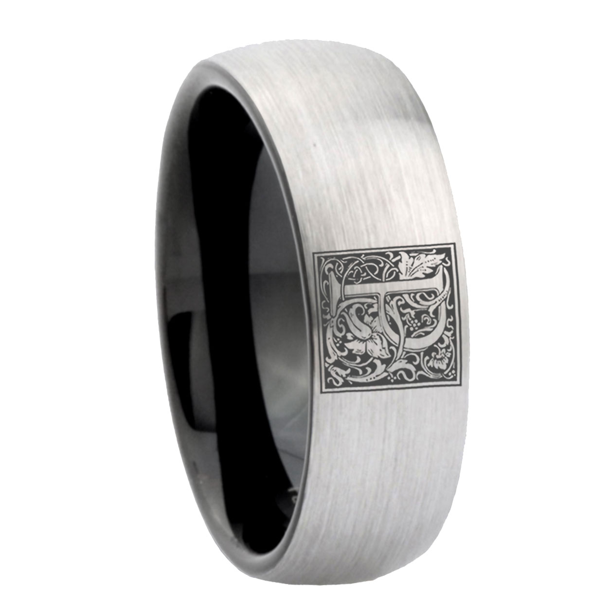 10mm Gray Black Dome Tungsten Floral Box Letter P Monogram Engraved ...