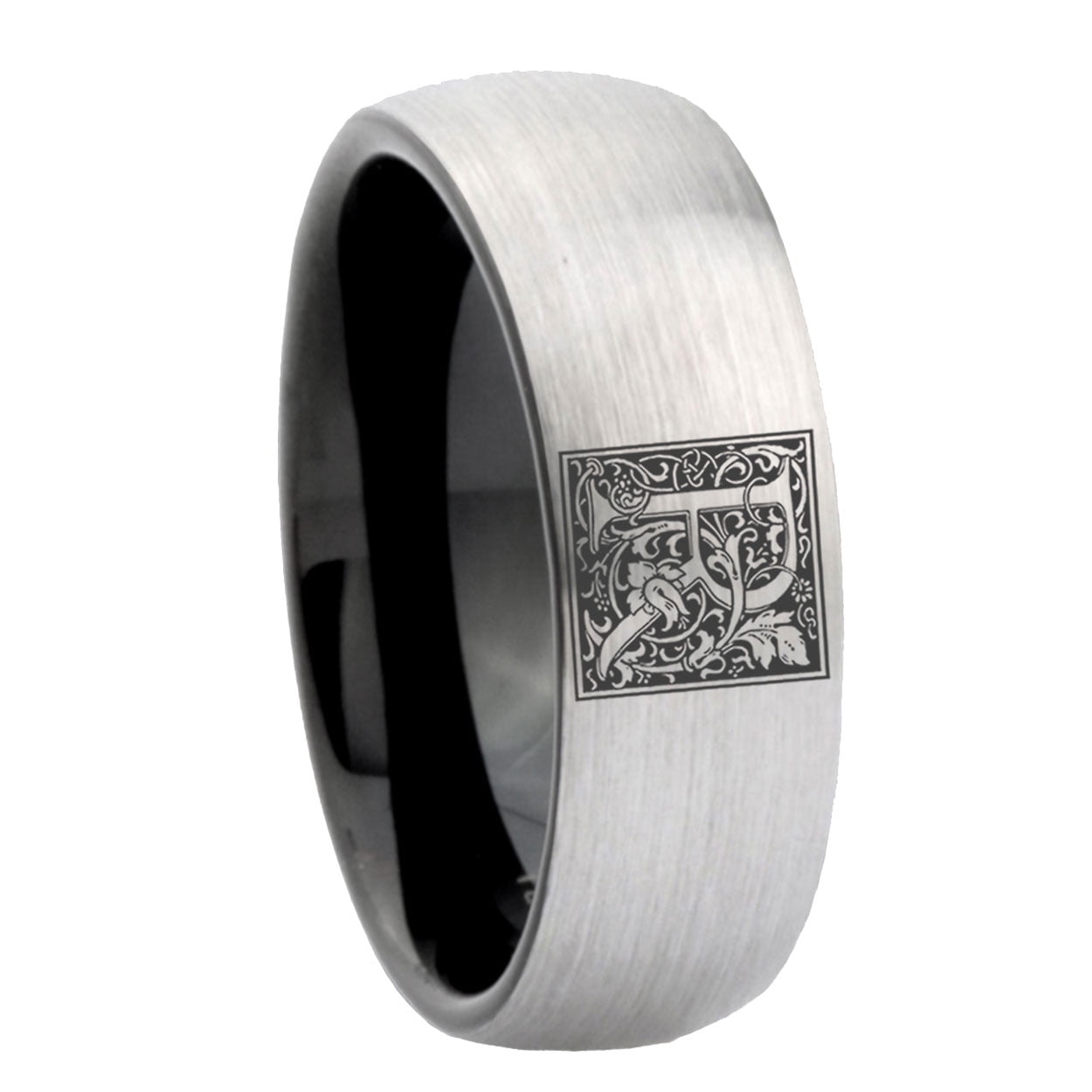 10mm Gray Black Dome Tungsten Floral Box Letter R Monogram Engraved ...