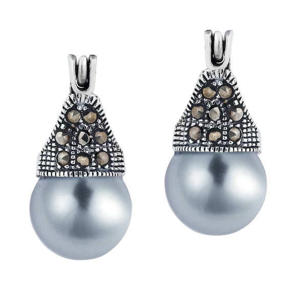10mm Grey Pearl & Pyrite Studded Crown Sterling Silver Dangle Earrings