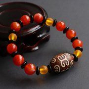 10mm Hui Pattern Dzi Bead Bracelet Red Beads Strand Tibetan Style Spiritual Jewelry for Men and Women Meditation Accessory