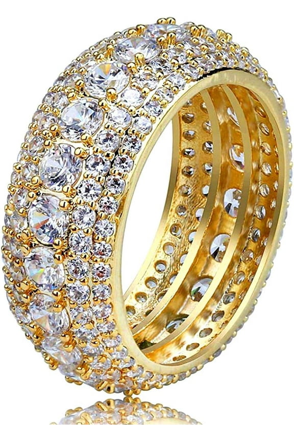 10mm Iced Out Gold Plated 5 Row Cubic Zirconia Diamond Hip Hop Eternity Band Engagement Ring for Men Women