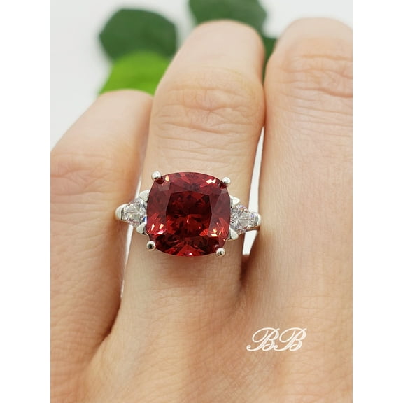 10mm Lab-Created Red Ruby Cushion Cut, Three Stone Ring, Sterling Silver or Gold, Made to Order