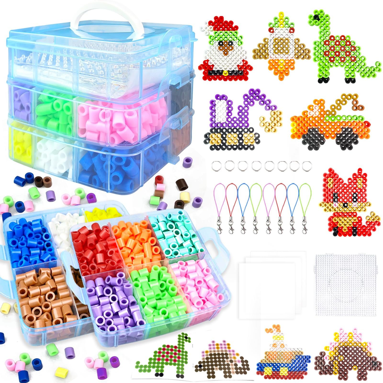 10mm Large Fuse Beads Kit– 12 Colors XL Set with Storage Box, Ironing Papers, Pegboards, Booklet, DIY Art Craft Gift for Girls & Boys Age 3+, for Birthday, Christmas, Available in Blue, Red, or White