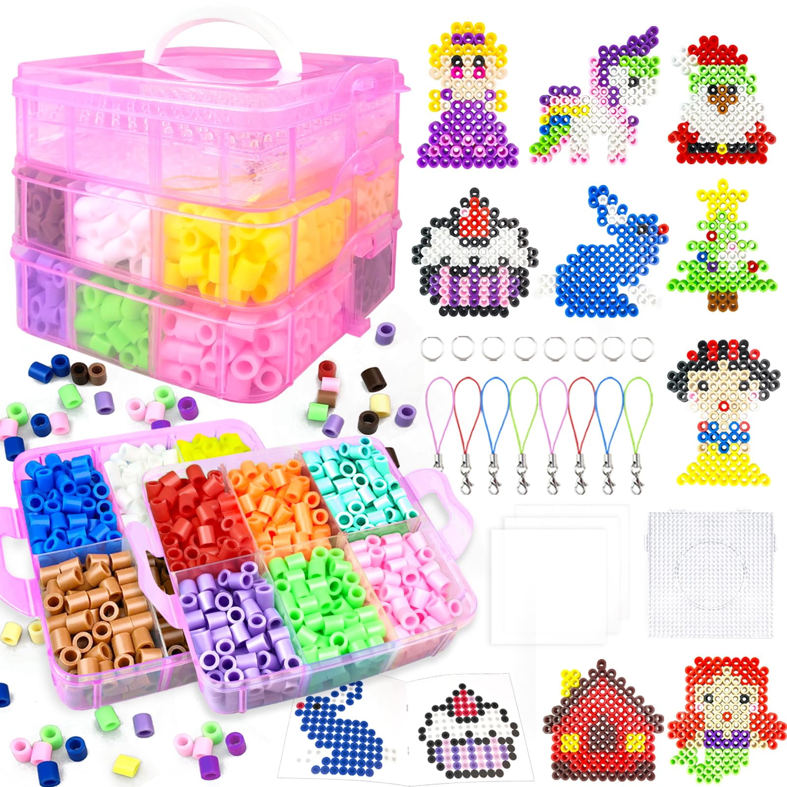 10mm Large Fuse Beads Kit– 12 Colors XL Set with Storage Box, Ironing Papers, Pegboards, Booklet, DIY Art Craft Gift for Girls & Boys Age 3+, for Birthday, Christmas, Available in Blue, Red, or White