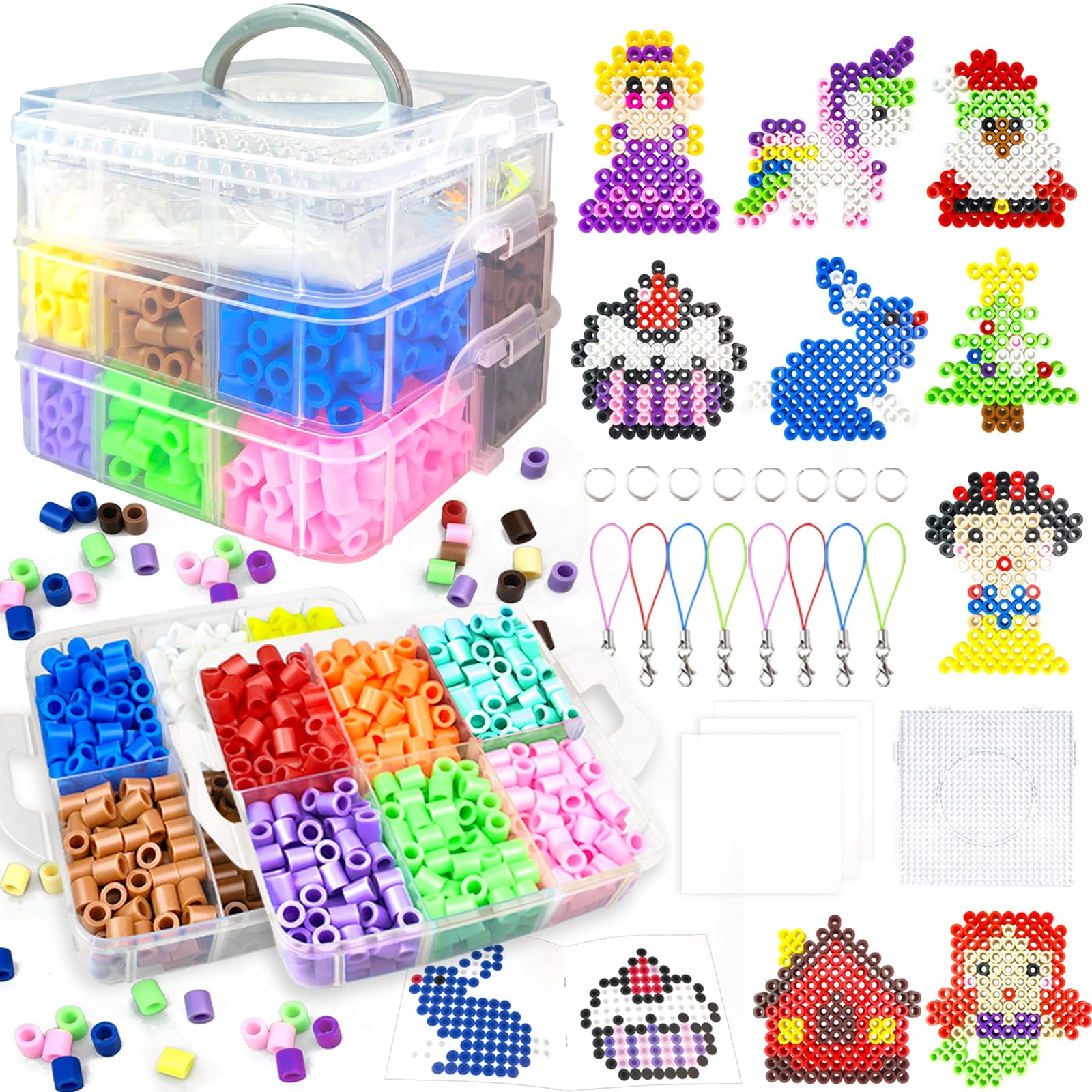 10mm Large Fuse Beads Kit– 12 Colors XL Set with Storage Box, Ironing Papers, Pegboards, Booklet, DIY Art Craft Gift for Girls & Boys Age 3+, for Birthday, Christmas, Available in Blue, Red, or White