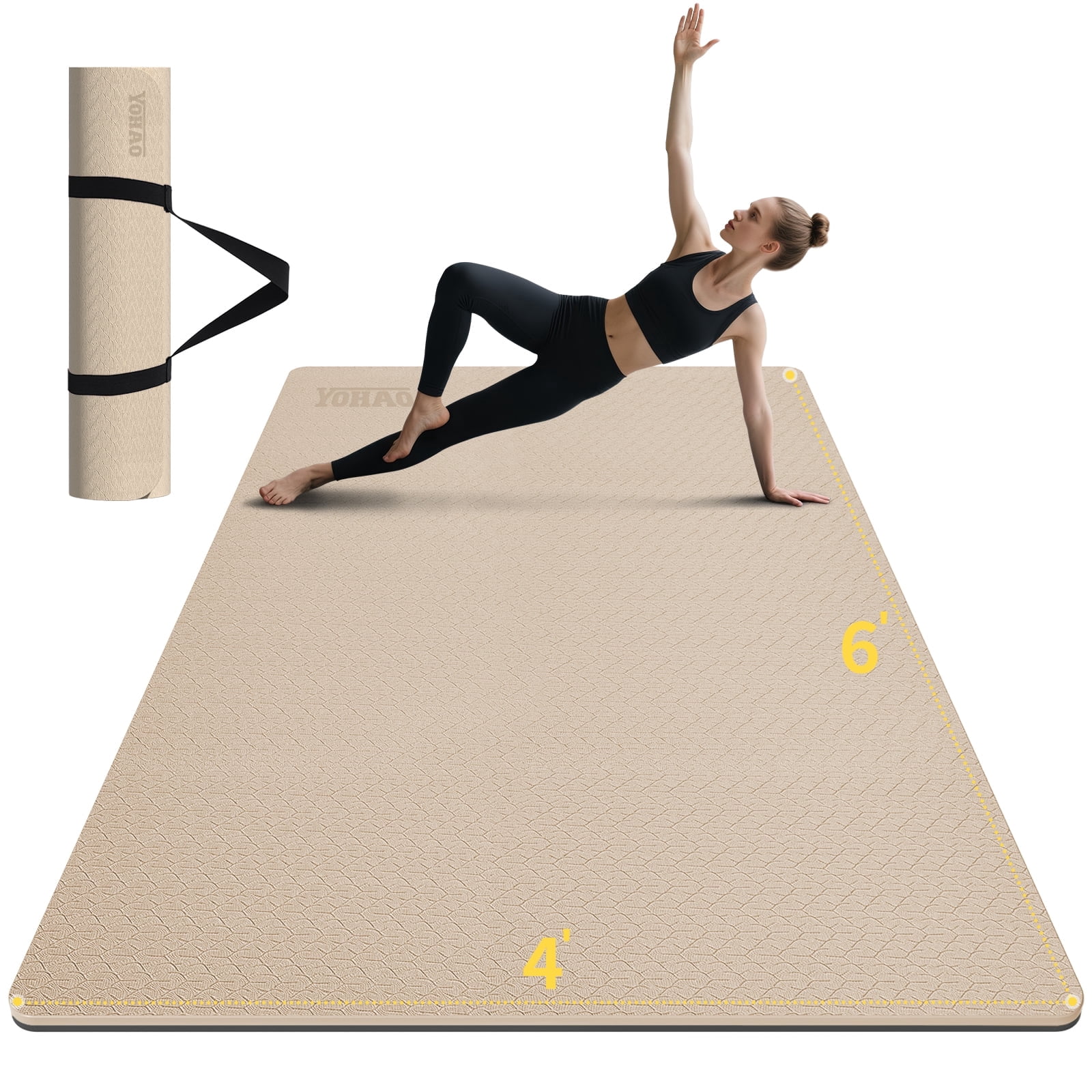 10mm Large Yoga Mat (6'x 4') with Soft Fabric - Extra Long and Wide 72 x 48 x 0.4 inches, Non-Slip Surface, Eco-Friendly, Thick Wide Yoga Mat for Home Workouts or Gym Fitness .Beige＋Black