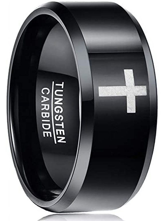 10mm Men's Black Tungsten Wedding Band Rings Laser Cross Pattern Beveled Edge Polished Finish Comfort Fit Size 7-12