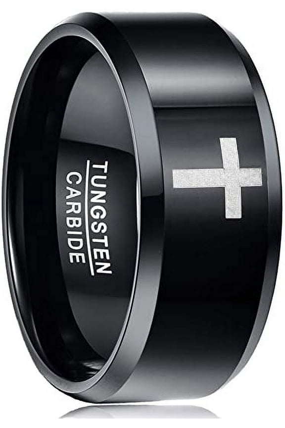 10mm Men's Black Tungsten Wedding Band Rings Laser Cross Pattern Beveled Edge Polished Finish Comfort Fit Size 7-12