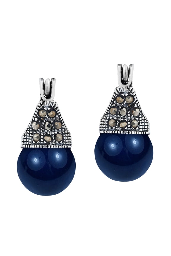 10mm Navy Blue Pearl & Pyrite Studded Crown Sterling Silver Dangle Earrings