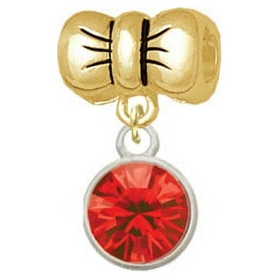 10mm Red Crystal Drop - Gold Tone Bow Charm Bead