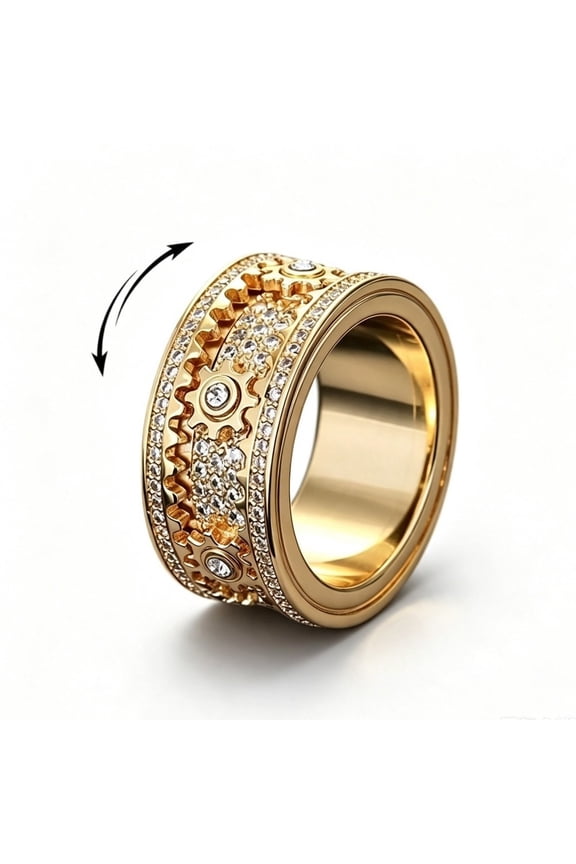 10mm Rotatable Steampunk Gear Wheel Ring for Men, Stainless Steel Band with Paved Cubic Zirconia, Fidget Anxiety Relief Mechanical Gear Wedding Band, Hip Hop Statement Jewelry Gift