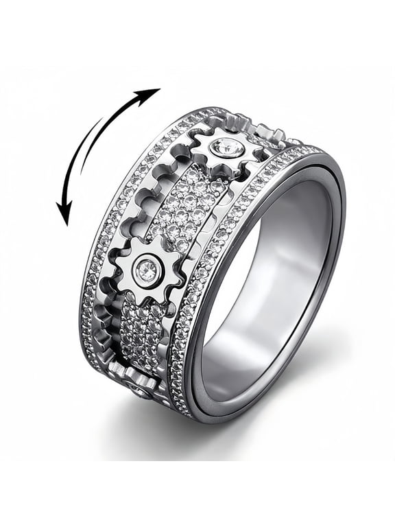 10mm Rotatable Steampunk Gear Wheel Ring for Men, Stainless Steel Band with Paved Cubic Zirconia, Fidget Anxiety Relief Mechanical Gear Wedding Band, Hip Hop Statement Jewelry Gift
