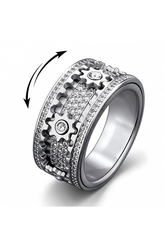 10mm Rotatable Steampunk Gear Wheel Ring for Men, Stainless Steel Band with Paved Cubic Zirconia, Fidget Anxiety Relief Mechanical Gear Wedding Band, Hip Hop Statement Jewelry Gift