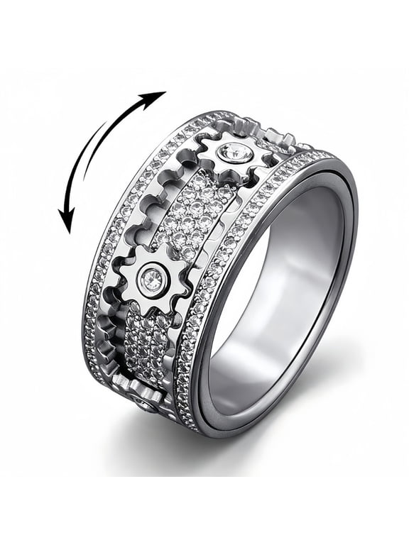 10mm Rotatable Steampunk Gear Wheel Ring for Men, Stainless Steel Band with Paved Cubic Zirconia, Fidget Anxiety Relief Mechanical Gear Wedding Band, Hip Hop Statement Jewelry Gift