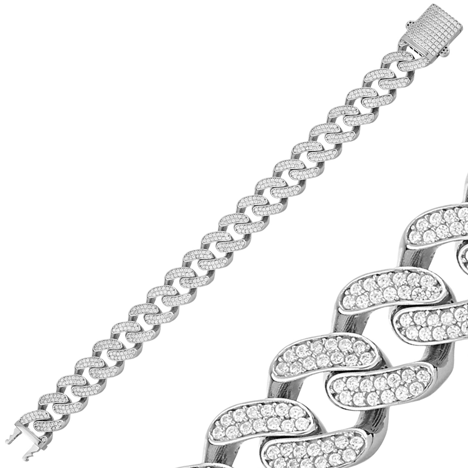 10mm Solid Silver Iced Out Cuban Chain Bracelet for Women in