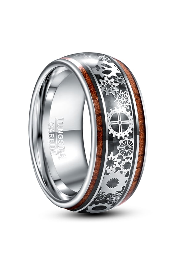 10mm Steampunk Gear Wheel Tungsten Koa Wood Inlay Domed Polished Ring for Men Women