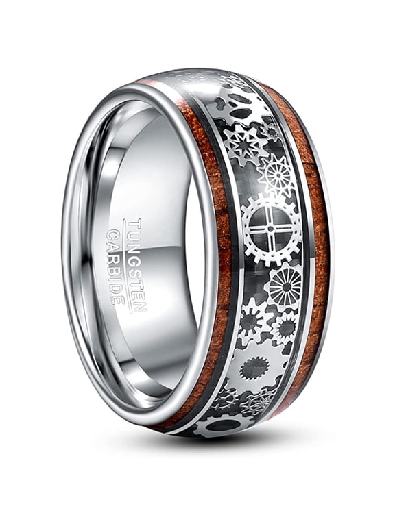 10mm Steampunk Gear Wheel Tungsten Ring for Men Women Koa Wood Inlay Domed Polished Comfort Fit Size 7-14