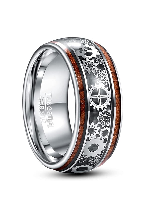 10mm Steampunk Gear Wheel Tungsten Ring for Men Women Koa Wood Inlay Domed Polished Comfort Fit Size 7-14