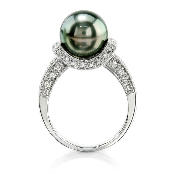 10mm Tahitian South Sea Cultured Pearl & Diamond Sparkling Jewel Ring in 18K Gold