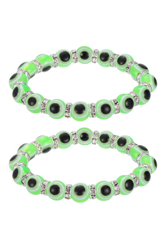 10mm Turkish Evil Eye Bracelets, 2 Pcs Good Luck Protection Beaded Stretch Bracelets Charm for Women Men Stackable Blessing Jewelry (Green)