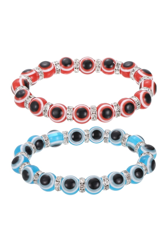10mm Turkish Evil Eye Bracelets, 2 Pcs Good Luck Protection Beaded Stretch Bracelets Charm for Women Men Stackable Blessing Jewelry (Red/Blue)