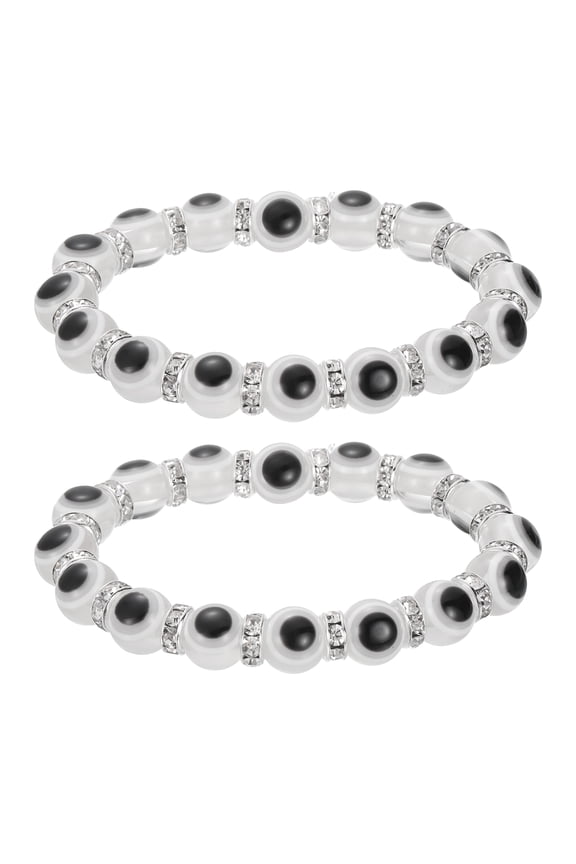 10mm Turkish Evil Eye Bracelets, 2 Pcs Good Luck Protection Beaded Stretch Bracelets Charm for Women Men Stackable Blessing Jewelry (White)