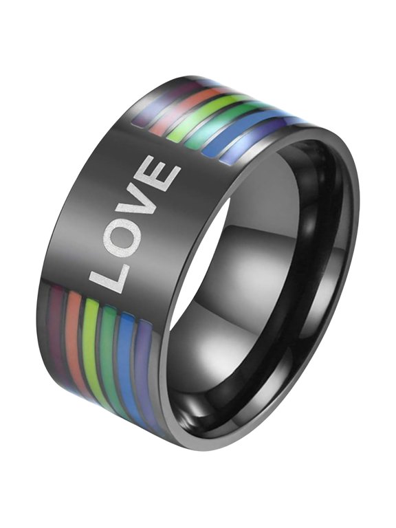 10mm Wide Titanium Stainless Steel Rainbow Gay Lesbian Wedding Band LGBT Pride Engrave Love Black Ring