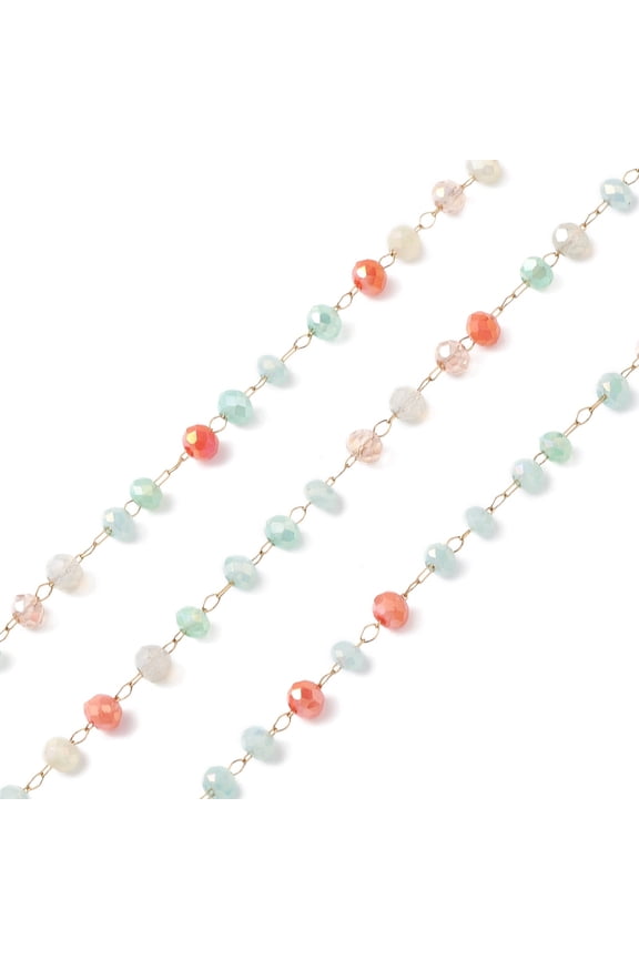 10ms Handmade Glass Beaded Chains Faceted Unwelded with 304 Stainless Steel Chains Golden Round Tomato 3x2.5mm