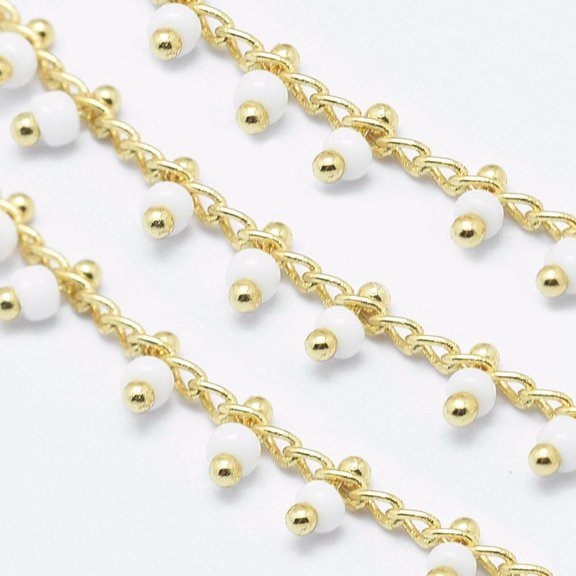 10ms Handmade Glass Beaded Chains Soldered with Spool Brass Chain Golden Long-Lasting White 6x2mm Chain: about 2mm wide about 32.8 Feet(10m)/roll