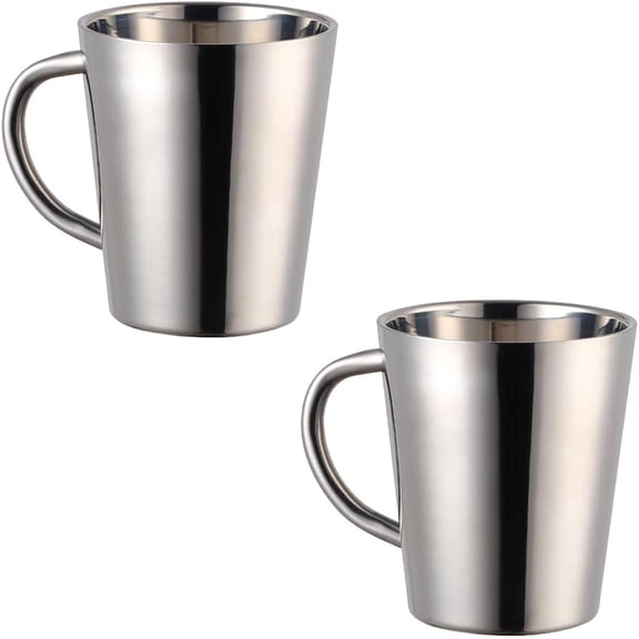 10oz 18/8 Stainless Steel Coffee Mugs Set of 2, Double Walled Insulated Coffee Cups with Handles, Dishwasher Safe (Silver)