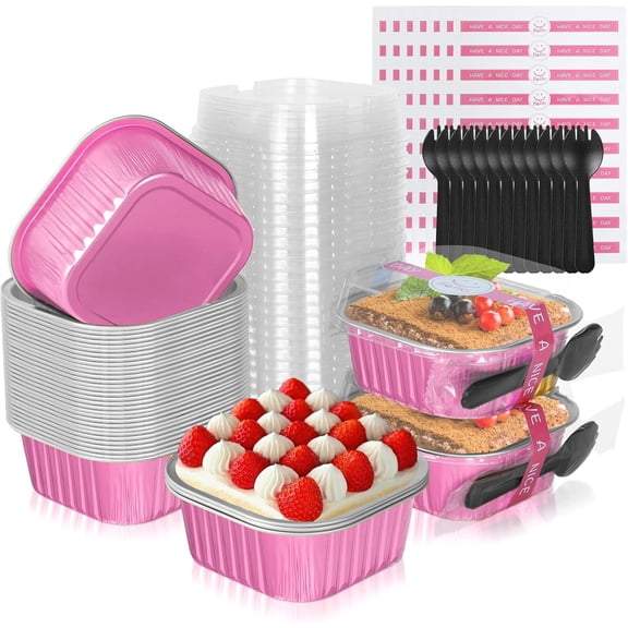 10oz Aluminum Foil Brownie Pans with Lids, 40 Pack Square Cake Pans, Disposable Ramekins Cupcake Cups Containers,Mini Cake Baking Pans,Large Muffin Tin Holder for Catering Gathering - Pink