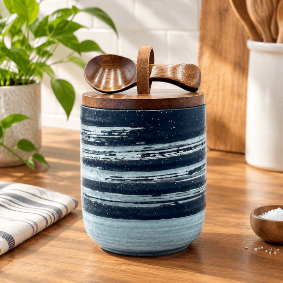 10oz Ceramic Airtight Food Storage Container with Spoon for Sugar, Loose Leaf Tea, Matcha, Salt, Cat Treat, Coffee, Spices (Black Gray Blue)