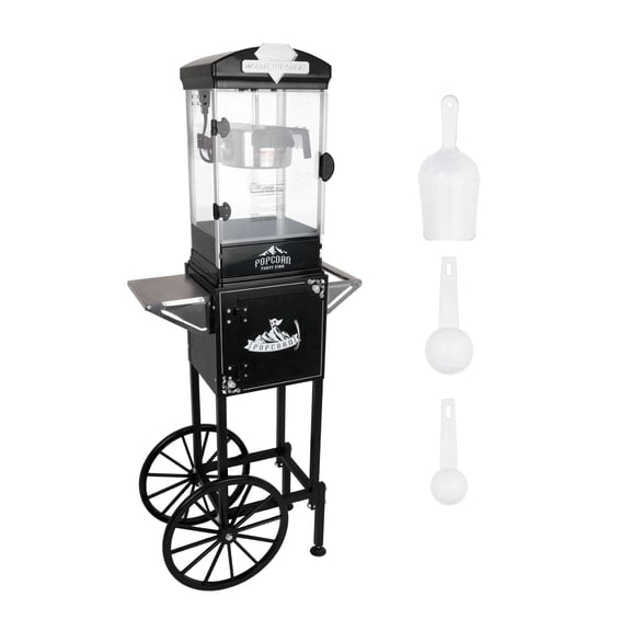 Nostalgia 8oz Popcorn Machine with Cart Vintage Stainless Steel 480W Makes 32 Cups for Home Theater and Movie Nights.