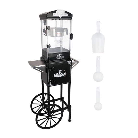 Nostalgia 8oz Popcorn Machine with Cart Vintage Stainless Steel 480W Makes 32 Cups for Home Theater and Movie Nights.