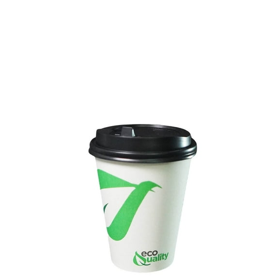 10oz Disposable Compostable White Paper Coffee Cups with Black Dome Lids Green Leaf