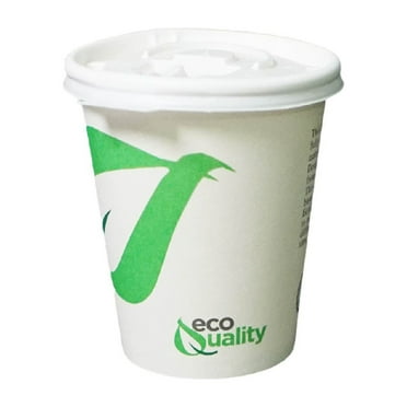 10oz Disposable Compostable White Paper Coffee Cups with Flat Lids Green Leaf