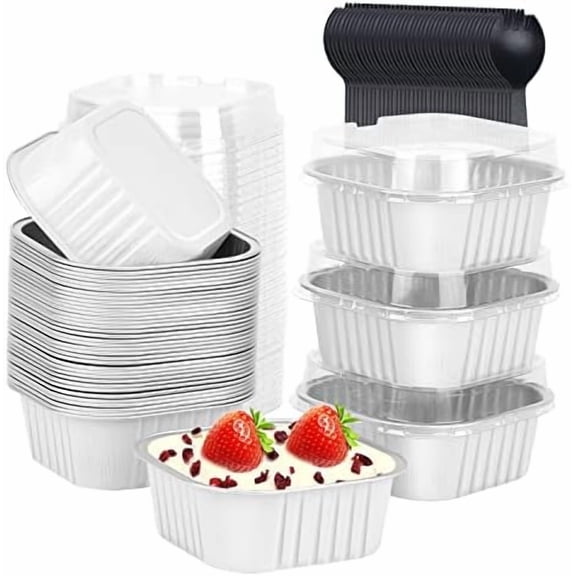 10oz Disposable Ramekins With Lids 40 Pack, Aluminum Foil Jumbo Cupcake Pan, Square 4”X4” Mini Cake Pan Browni Baking Cups Muffin Tin Dessert Cups For Wedding Party-White