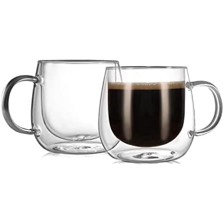 10oz Double Walled Glass Coffee Mugs(2-pack),Clear Coffee Cups with Handle,Glass Espresso Mugs for Latte,Cappuccino,Tea