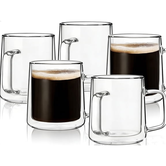 10oz Glass Coffee Mugs,Double Wall Insulated Glass Mugs with Handle,Clear Espresso Mug for Latte,Cappuccino,Tea Bag,Set of 5