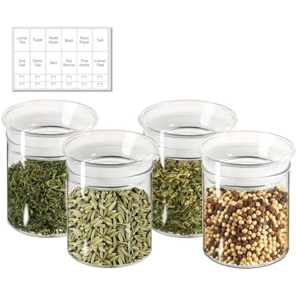10oz Glass Jars with Airtight Lid, 4 Pack Glass Kitchen Canisters Set for Spice, Loose Tea, Small Clear Glass Storage Jars with Labels for Herbs, Sugar
