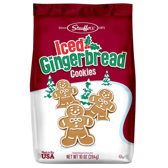 Stauffer's Iced Gingerbread Cookies, Festive Shapes with White Icing, 10oz Bag